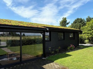 Ein modernes Haus mit Gründach, großen Fenstern und einem Garten.