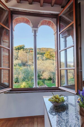 Eine Küche mit einem großen Fenster, einer Obstschale auf der Arbeitsfläche und Blick auf eine grüne Landschaft.