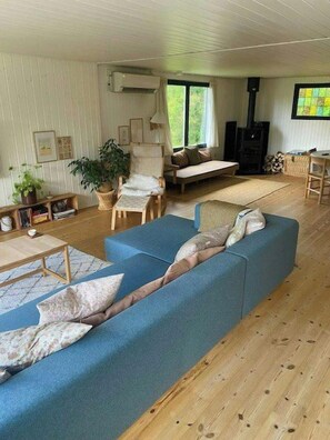 A living room with a blue sofa, a wooden floor, a fireplace, and a window with a view. - Outdoor pursuits near Kattegat and fjord (Ørsted)