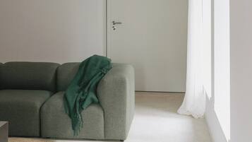 Un salon minimaliste avec un canapé, une porte et une fenêtre.