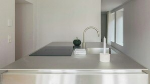Eine moderne Küche mit einer Edelstahlarbeitsplatte, einem einzelnen Wasserhahn und einem kleinen Topfpflanzen.