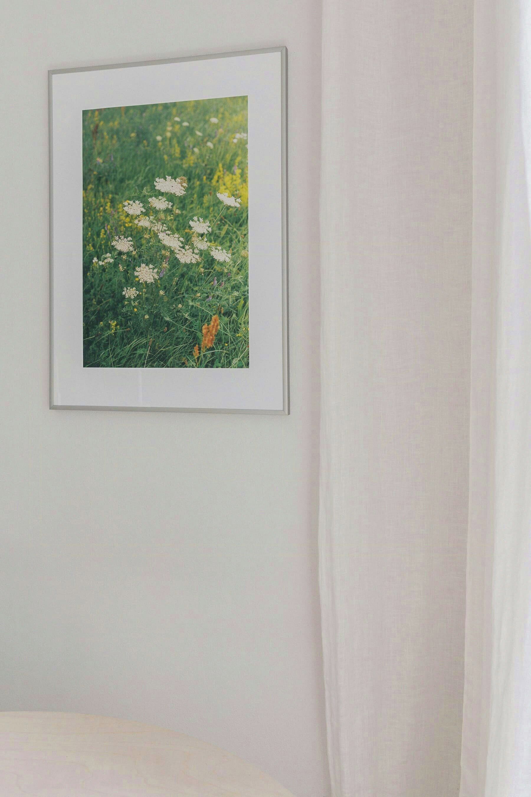 Un cuadro con flores en una pared.