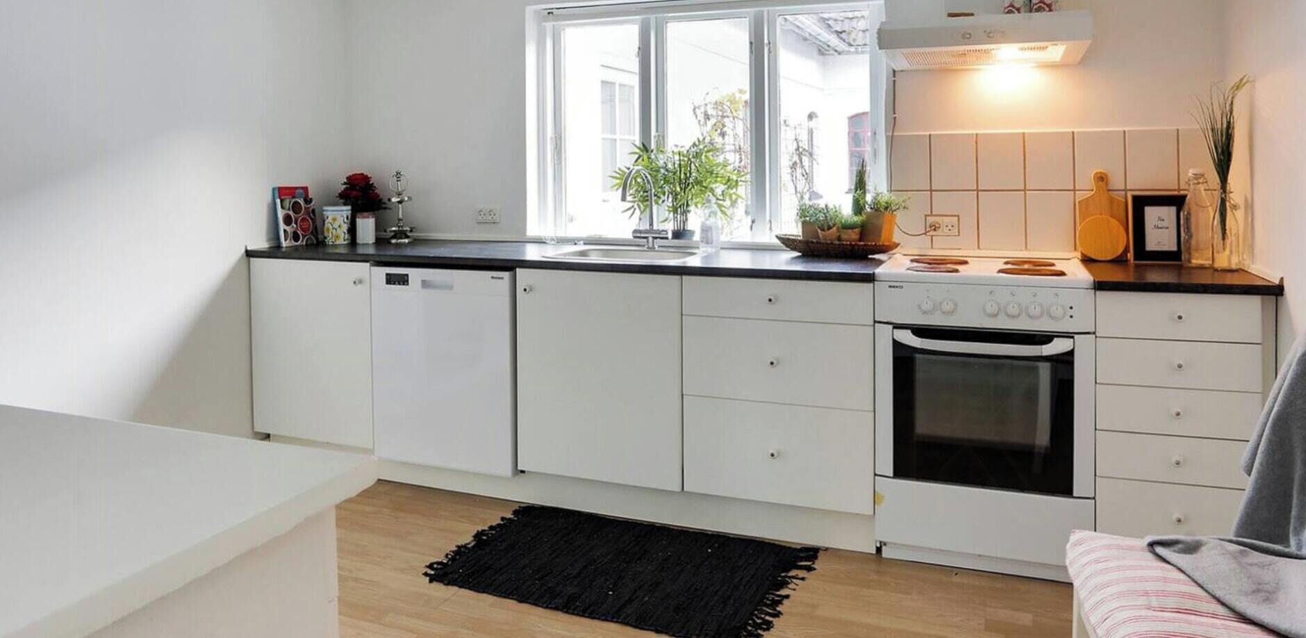 A kitchen with white cabinets, a dishwasher, an oven, and a window with plants on the counter.