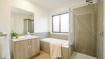 Shower, hair dryer, shampoo