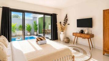 Villa de lujo, 2 habitaciones, piscina privada | Sábanas de algodón egipcio, ropa de cama de alta calidad, caja fuerte