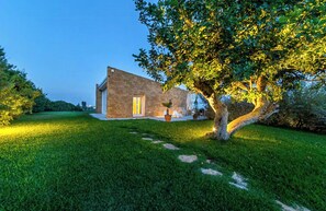 A modern house with a stone facade, a large tree in the yard, and a well-maintained lawn. - House with pool and citrus grove near Noto (Noto)