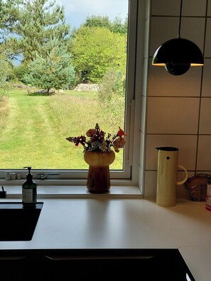 Eine Küche mit Blick auf einen grünen Garten und Bäume, eine Vase mit Blumen, eine Flasche und eine Tasse auf der Arbeitsplatte.