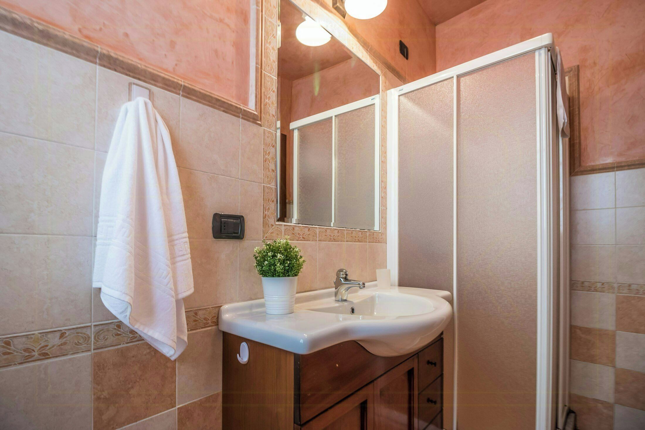 Ein Badezimmer mit Waschbecken, Spiegel, Handtuchhalter und einer Zimmerpflanze.