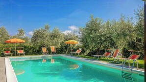 Piscina rectangular con agua cristalina, rodeada de sillones de descanso y sombrillas, con árboles y cielo despejado como fondo.