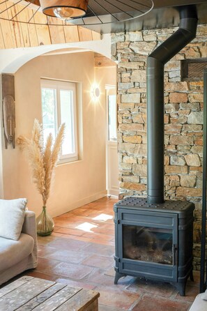 A cozy living room with a stone wall, a fireplace, a sofa, and a vase of pampas grass. - Provençal farmhouse in preserved natural setting (Fréjus)