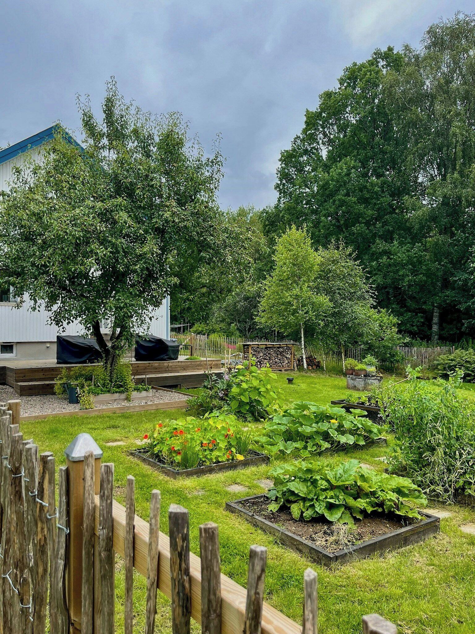 Un giardino con aiuole rialzate, una recinzione di legno e un edificio bianco con tetto blu.