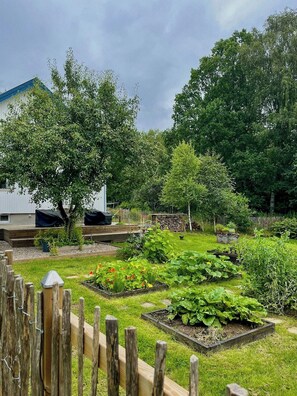 A garden with raised beds, a wooden fence, and a white building with a blue roof. - Cosy house surrounded by nature (Diö)