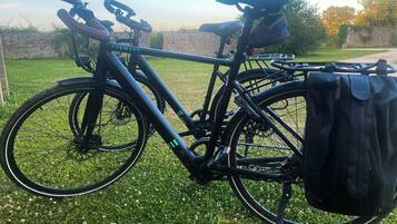 Ein Fahrrad mit schwarzer Tasche, befestigt am Gepäckträger, steht auf der Wiese.