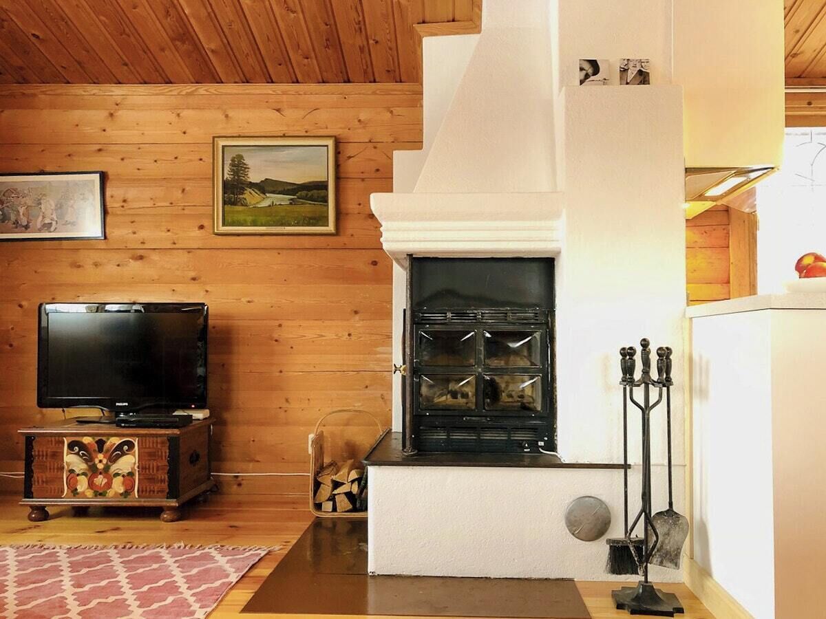 A cozy living room with a fireplace, wooden walls, a television, and a decorative box.