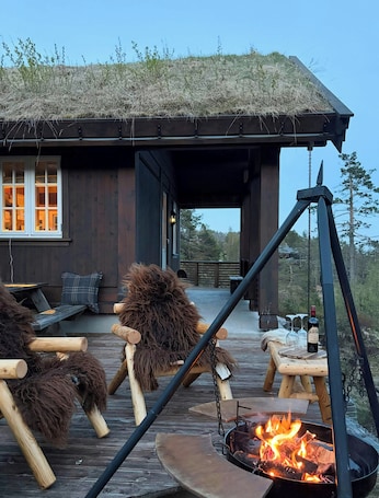 Terrace/patio. Traditional log cabin near Treungen