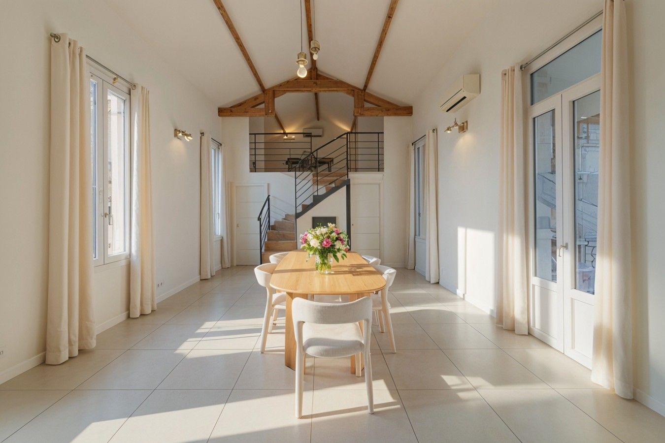 Un vaste espace de salle à manger avec une table et des chaises en bois, un escalier menant à un niveau supérieur et de grandes fenêtres dotées de rideaux.