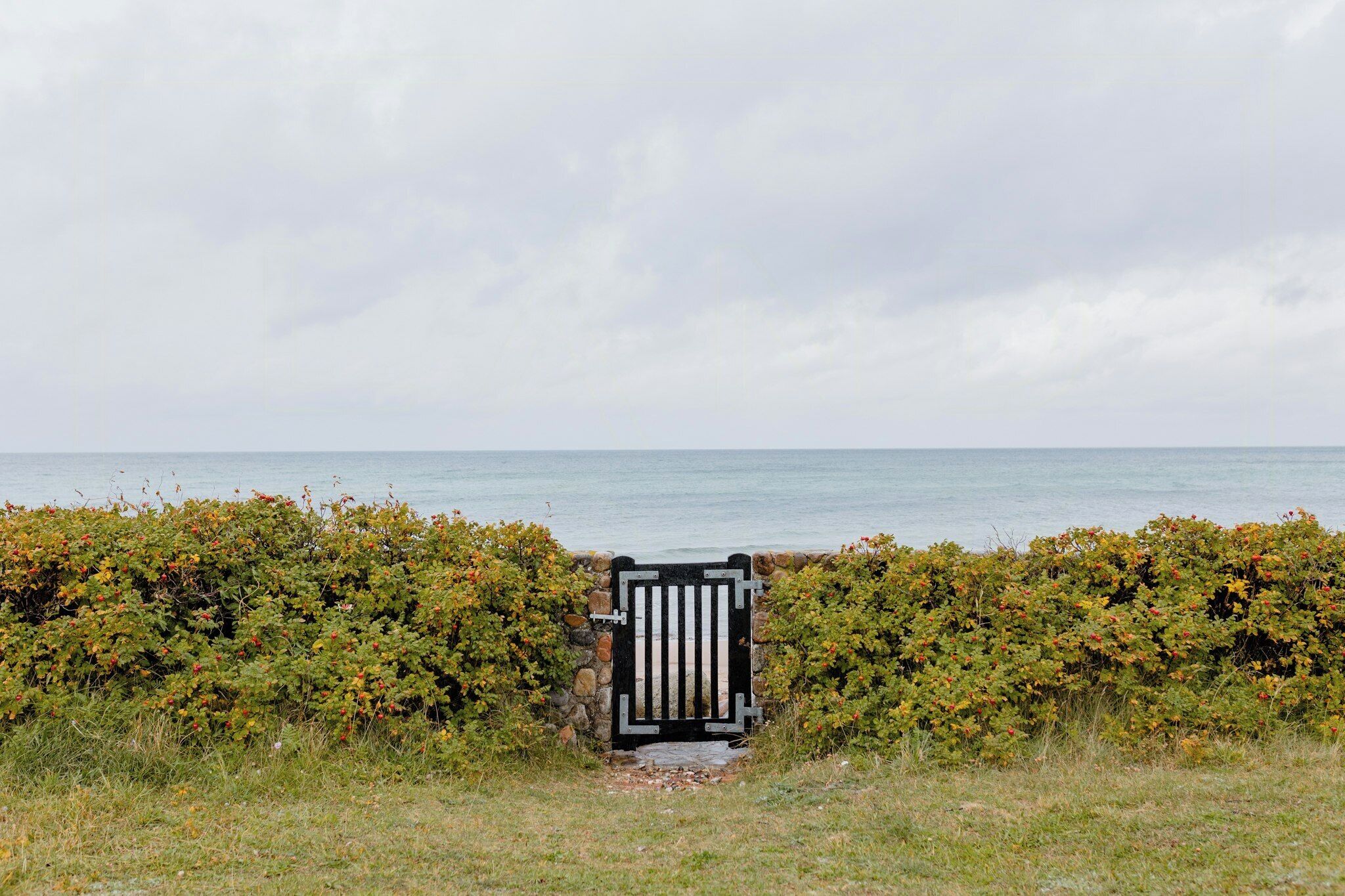 A gate leading to a coastal area with a view of the sea.