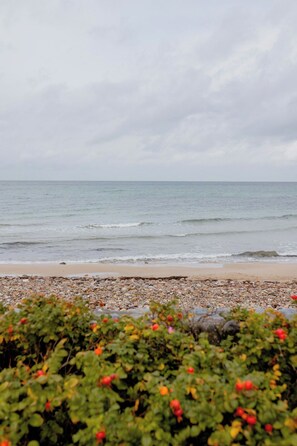 A beach with pebbles and bushes in the foreground. - Enjoy the sound of crashing waves and ocean views (Græsted)