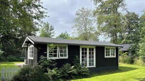 A small, single-story house with a dark exterior and white trim, surrounded by a well-maintained lawn and trees. - Colourful summerhouse close to Vig (Vig)