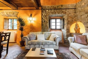 A cozy living room with a stone wall, a fireplace, a sofa, a coffee table, and a potted plant. - Nature retreat in Garfagnana (San Romano in Garfagnana)
