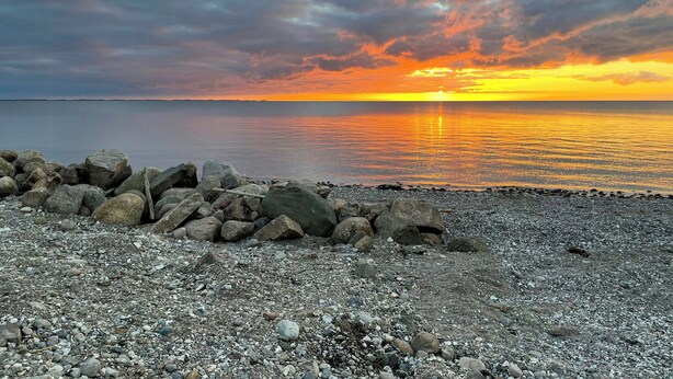A rocky shoreline with a sunset over the water. - Cottage with beach access on Sjællands Odde (Sjællands Odde)