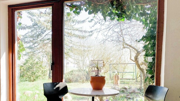 A room with a large window, two chairs, a small table, and a potted plant.