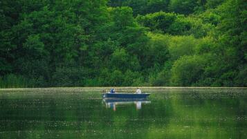 A calm lake with a boat and dense forest in the background.