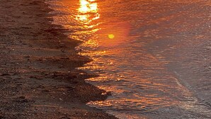 Un atardecer sobre una playa con rocas y una costa lejana.