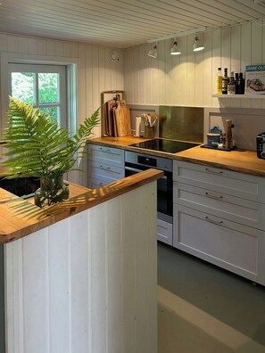 A kitchen with a wooden countertop, a built-in stove, and a window with a view of greenery. - Forest house with private grounds in Liseleje (Frederiksværk)