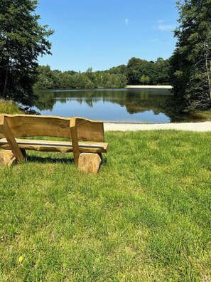 Eine Holzbank am See mit einer grasbewachsenen Vordergrund und Bäumen im Hintergrund.