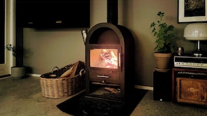Ein Kaminofen mit Feuer, ein Korbwicker-Korb, ein Topfpflanze und eine Lampe.