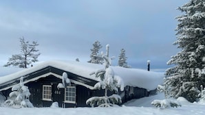 A snow-covered cabin with a chimney, surrounded by snow-laden trees.