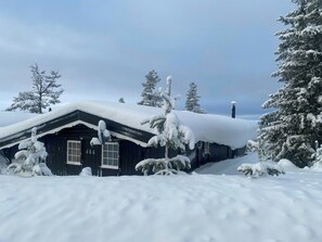 A snow-covered cabin with a chimney, surrounded by snow-laden trees. - Mountain cabin by Femunden facing Sølen (Engerdal)
