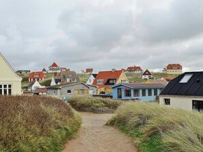 Ein Küstendorf mit einem Feldweg, der an Häusern mit roten und blauen Dächern vorbeiführt.