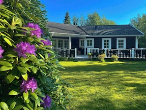 A house with a porch, a fenced yard, and a tree with purple flowers. - Summer house by protected heathland in Ellinge (Højby)