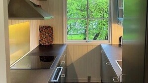 Eine moderne Küche mit einer zentralen Kochinsel, einem Fenster mit Blick auf Grünflächen und einem eingebauten Herd.