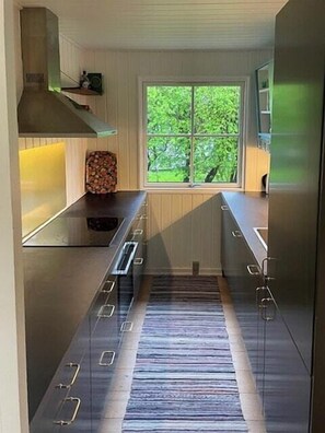 Een moderne keuken met een centraal eiland, een raam met uitzicht op groen en een inbouwfornuis.