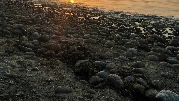 Ein Strand mit Sonnenuntergang, Kieselsteinen und ruhigem Wasser.
