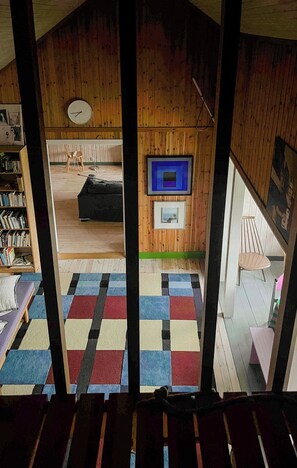 Une pièce avec un intérieur en bois, un téléviseur fixé au mur, une bibliothèque, un tapis coloré et un fauteuil.