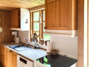 Eine Küche mit Holzschränken, einer doppelten Spüle, einer Kaffeemaschine und einem Fenster mit Blick auf Grünflächen.