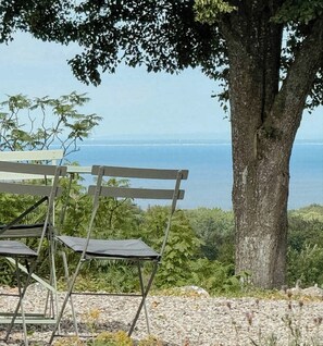 A bench and a tree overlooking a body of water. - Century-old house with sea views in Södra Mellby (Kivik)