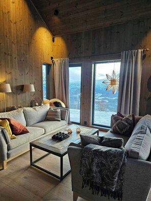 TV, fireplace - Mountain cabin with panoramic views and sauna (Oppdal)