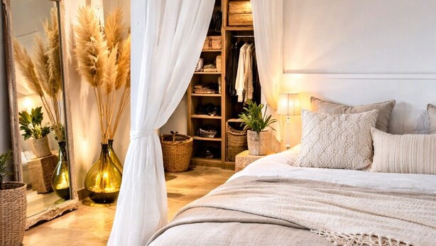A bedroom with a canopy bed, a bedside table with a lamp, a mirror, and a wardrobe. - House with pool in the Cèze valley (Saint Gervais)