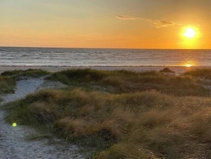 Ein Strandbild mit untergehender Sonne über dem Meer, grasbewachsenen Dünen und wolkenlosem Himmel.