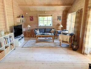 Ein gemütliches Blockhaus-Interieur mit Fernseher, Sofa, Couchtisch und Bücherregalen.