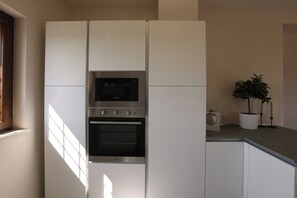 Eine Küche mit weißen Schränken, einer eingebauten Mikrowelle, einem Backofen und einem Topf mit Pflanze auf der Arbeitsplatte.