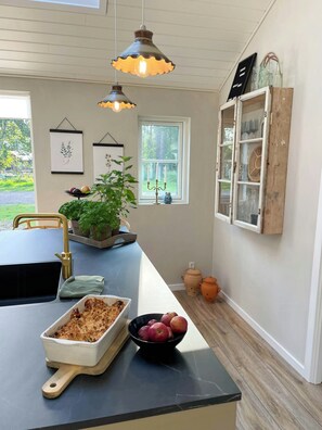 A kitchen with a dining table, a sink, a potted plant, a fruit bowl, and a cabinet with glassware. - Summer dreams and nature in beautiful landscape (Rødby)