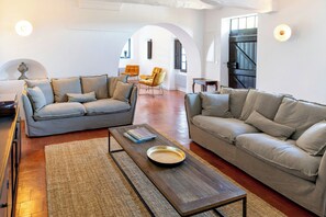 A living room with two sofas, a coffee table, and a rug. - Historic Provençal farmhouse with pool in Provence (Le Plan-de-la-Tour)