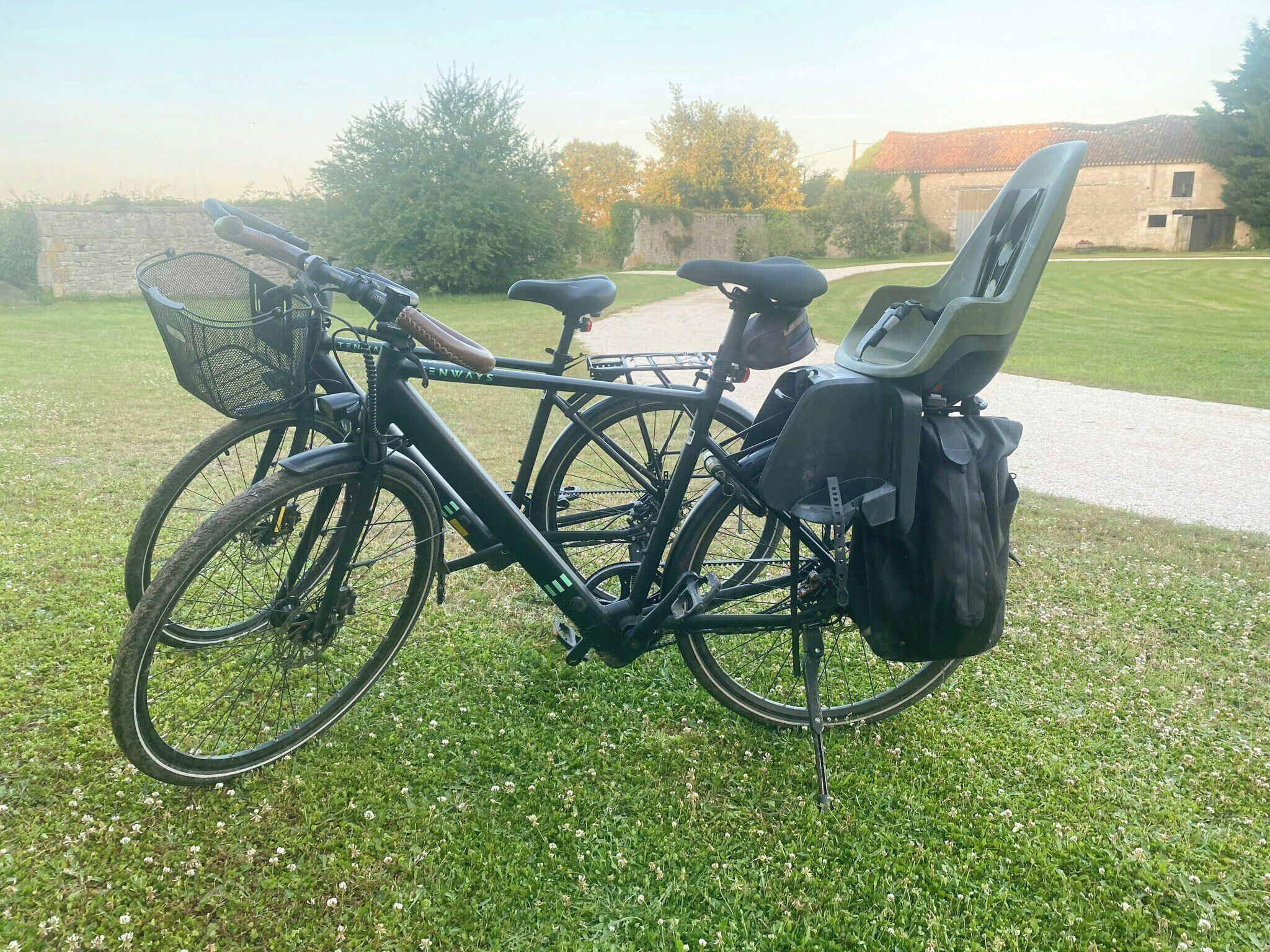 A bicycle with a basket and a child seat parked on a grassy area.