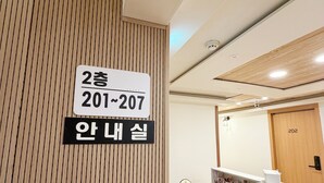 Un comptoir d’accueil avec une pancarte indiquant les numéros de chambre 201 à 207, et une pancarte en coréen au-dessus.